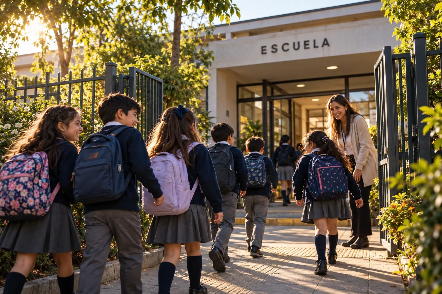 Entrada acogedora de una escuela con niños y una docente
