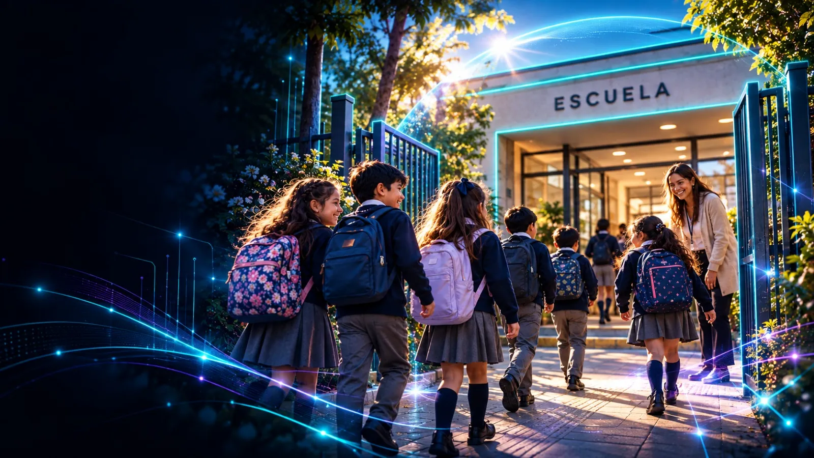Niños entrando a una escuela acogedora y segura