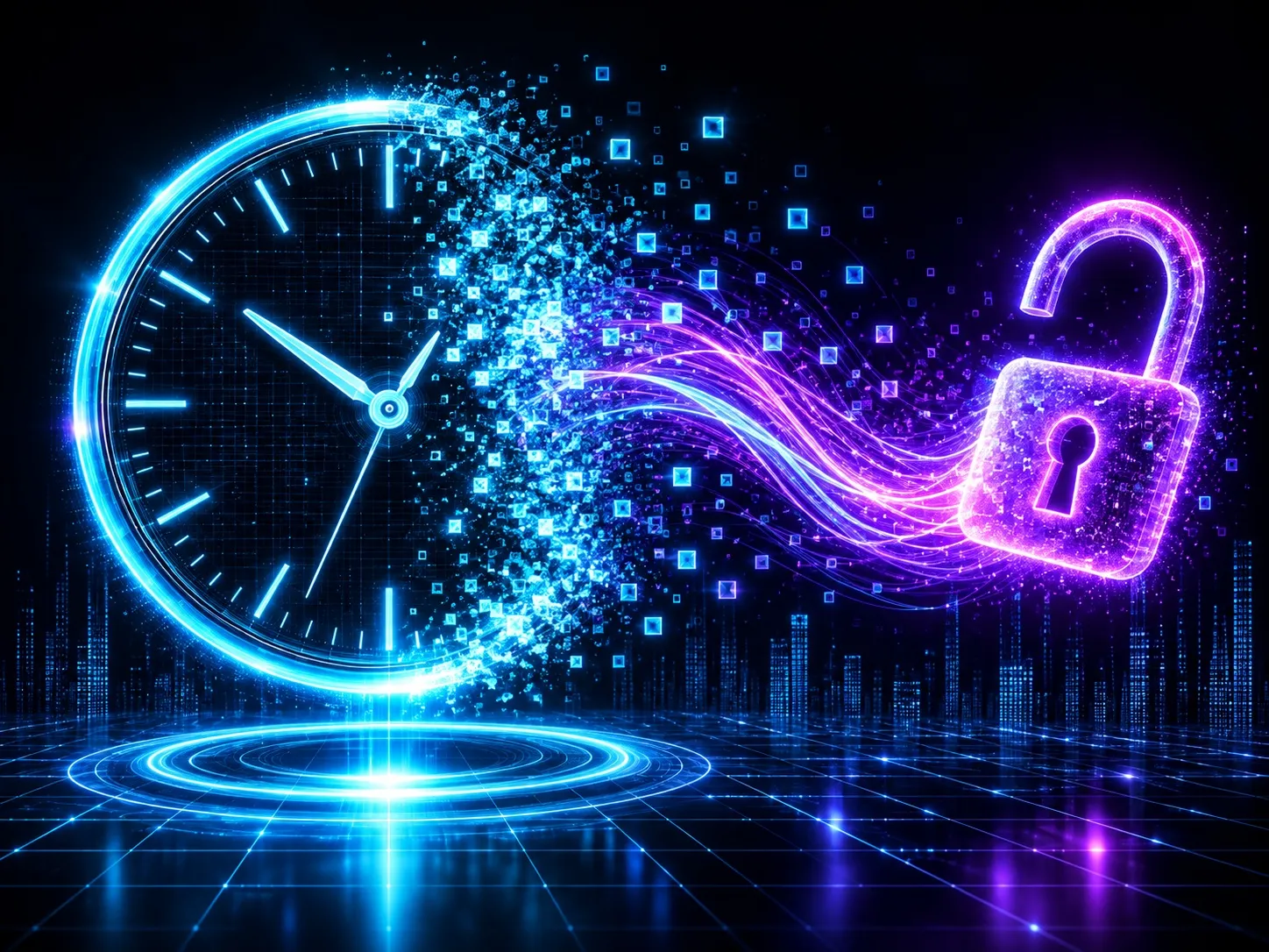 Reloj digital cian que se transforma en partículas y libera un candado violeta