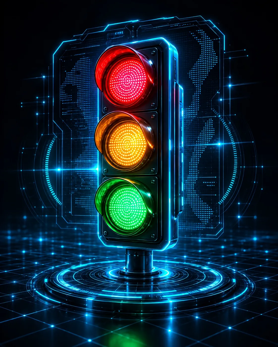 Semáforo tridimensional con luces roja, amarilla y verde sobre una plataforma digital cian