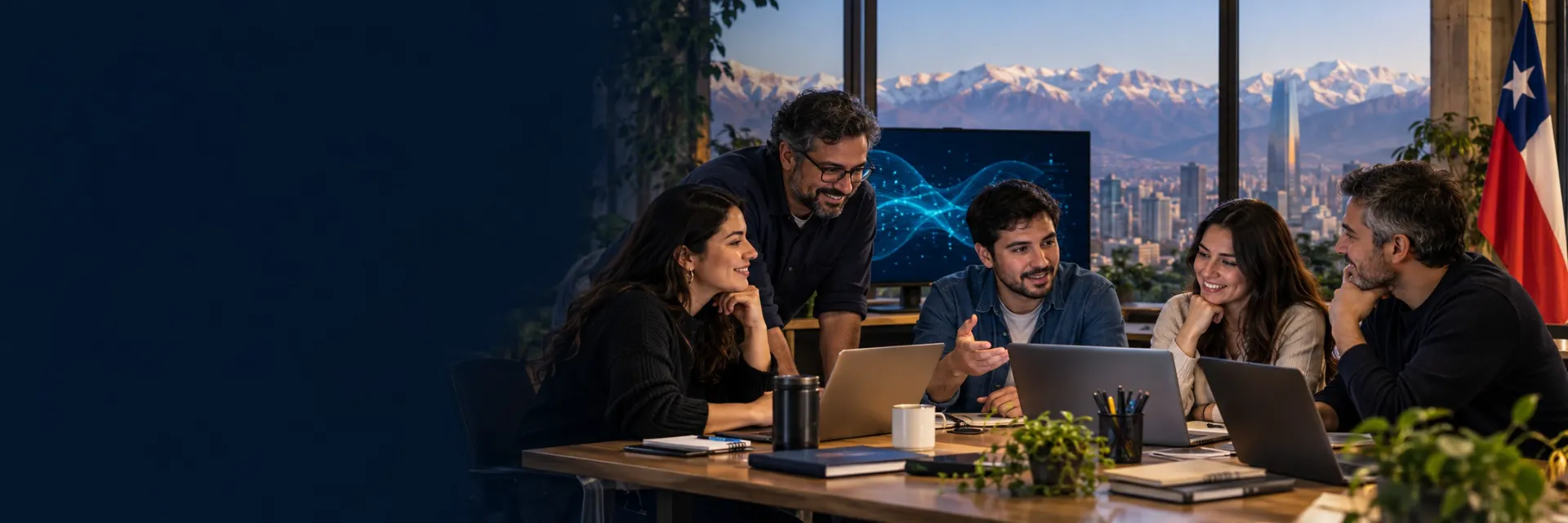Escena conceptual de un equipo chileno colaborando con tecnología e inteligencia artificial, con la cordillera y una bandera de Chile al fondo